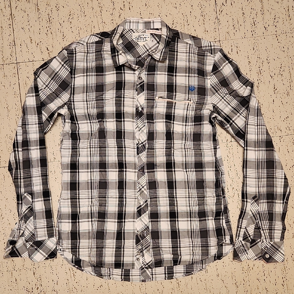 Diesel Gray & White Flannel Button Down Long Sleeve Casual Dress Shirt